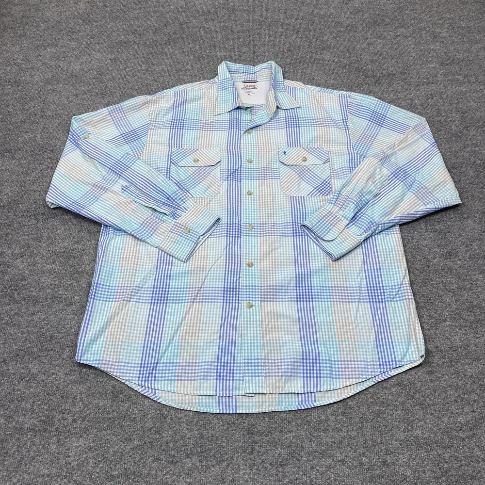 IZOD Shirt Mens XL Blue Check Long Sleeve Button Fishing Performance Outdoor